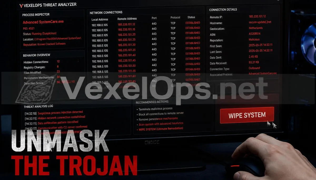 A realistic capture of cybersecurity tools detecting trojans hidden in cracked software, featuring the VexelOps brand watermark, conveying positive technical advice for system