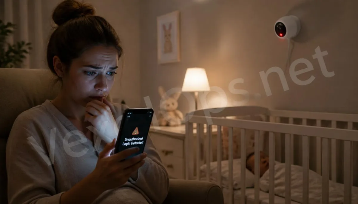 A realistic photo depicts a wife discovering abnormal logins on a camera in the nursery, marked with VexelOps branding, highlighting privacy threats in smart homes.