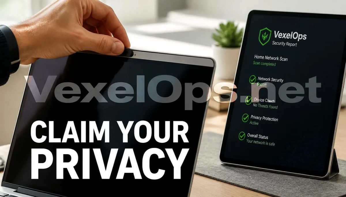 A realistic photo shows users physically obstructing the camera and conducting a security audit, marked with VexelOps branding, delivering positive technical recommendations for