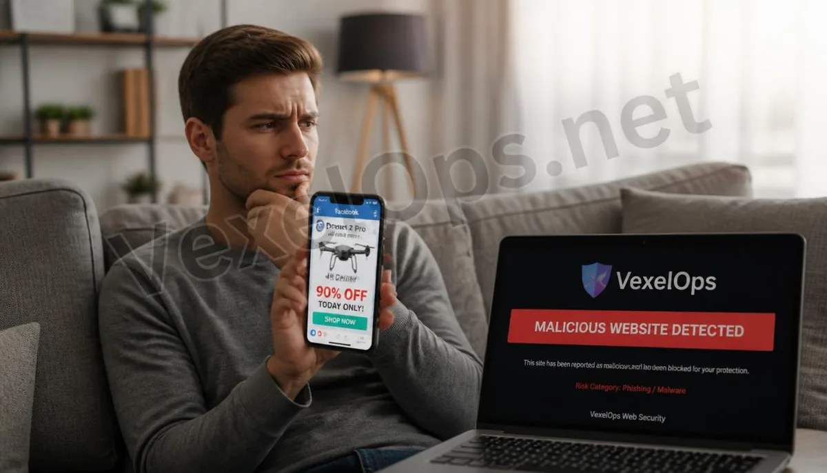 A realistic image captures users seeing low-price ads on social media and receiving cybersecurity alerts, featuring the VexelOps brand watermark, revealing the risks of one-page