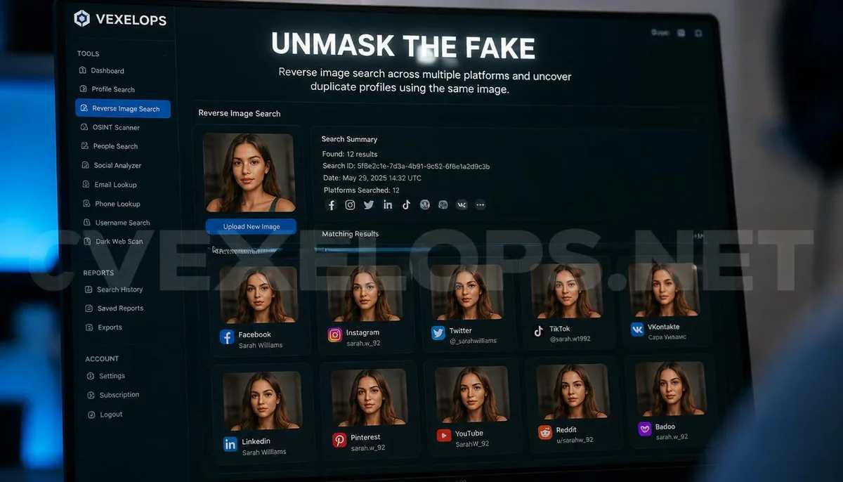 Photographie réaliste capturant des outils de cybersécurité identifiant les caractéristiques de faux identités virtuelles, accompagnée du logo VexelOps, transmettant des conseils