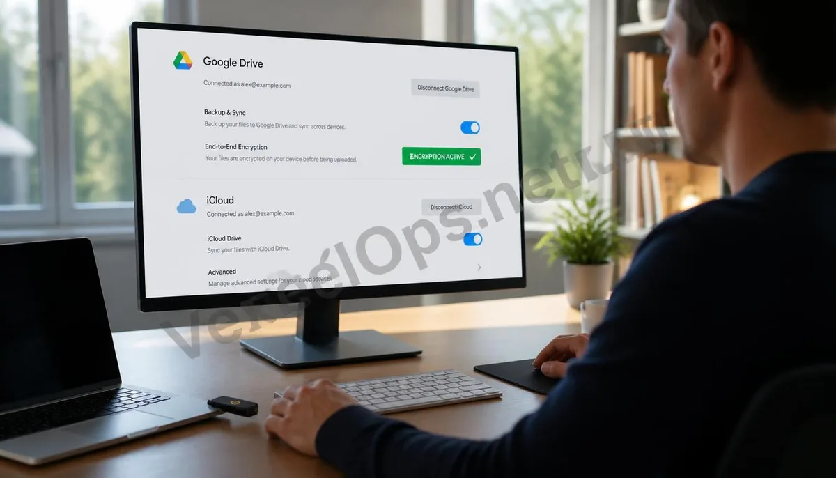 Realistic photography showing a user setting up cloud storage encryption and hardware two-factor authentication, with a VexelOps brand watermark, illustrating the professional