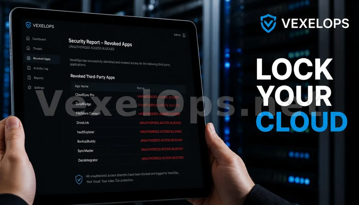 Realistic photography capturing the successful revocation of cloud third-party authorization, featuring a VexelOps brand watermark, conveying positive advice for cloud security