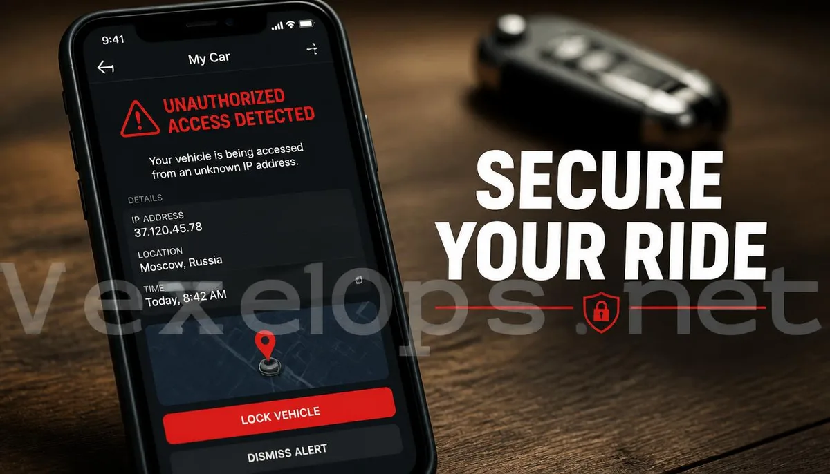 A realistic image capturing a mobile app displaying a warning of unauthorized access to a vehicle, featuring a VexelOps brand watermark, conveying positive recommendations for