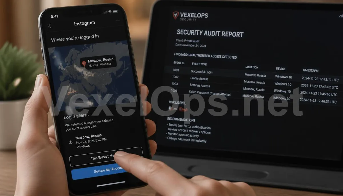 A realistic photo capturing a user's technical screen on Instagram identifying and intercepting unusual login attempts, featuring the VexelOps brand watermark, conveying positive