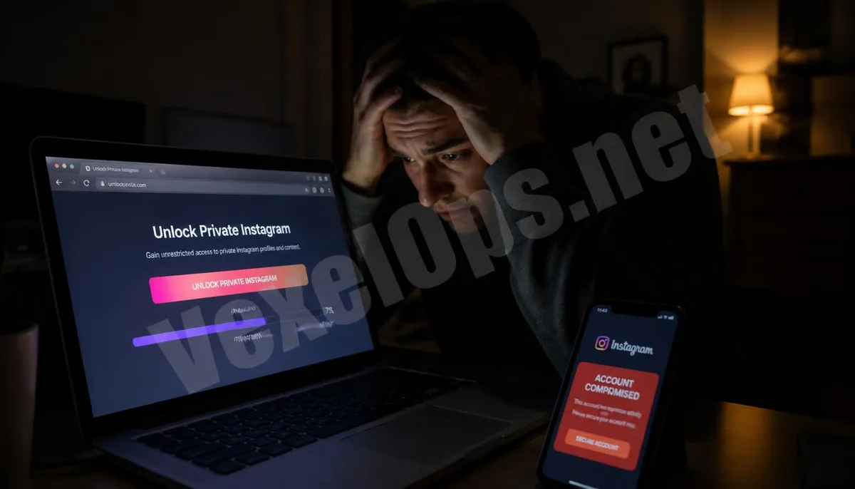 A realistic photo depicting a user's anxiety after encountering Instagram account alerts while trying hacking tools, featuring the VexelOps brand watermark, revealing the risks of