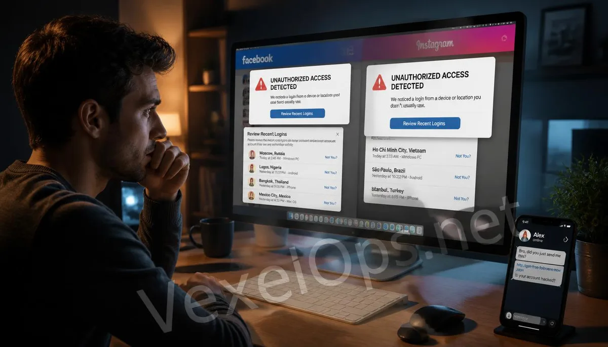 Realistic photography depicting a user experiencing anxiety over discovering their social account has been illegally accessed and token hijacked, accompanied by the VexelOps brand