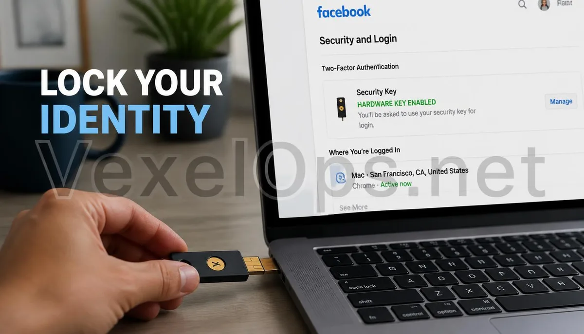 Realistic photography captures a user professionally using a physical security key to reinforce their social account, accompanied by the VexelOps brand watermark, conveying