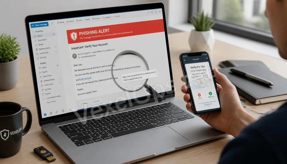 Realistic photography depicting users identifying phishing emails and malicious links in an office environment, featuring the VexelOps brand watermark, revealing the technical