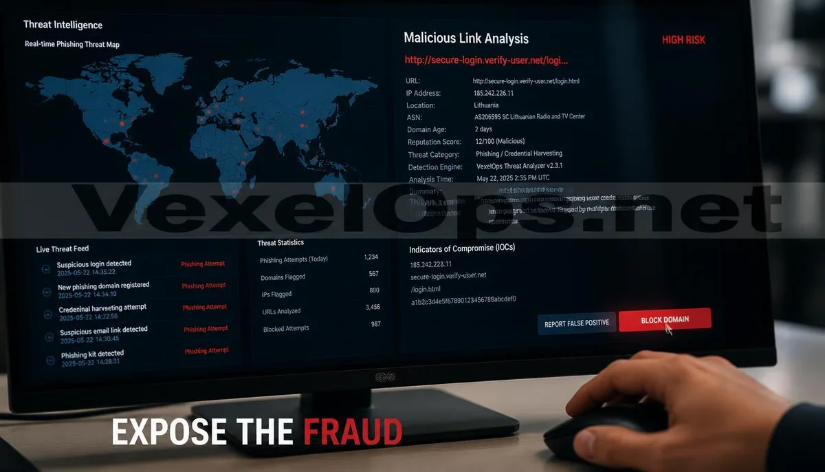 Realistic photography capturing the successful analysis and interception of phishing domains by cybersecurity systems, featuring the VexelOps brand watermark, conveying proactive