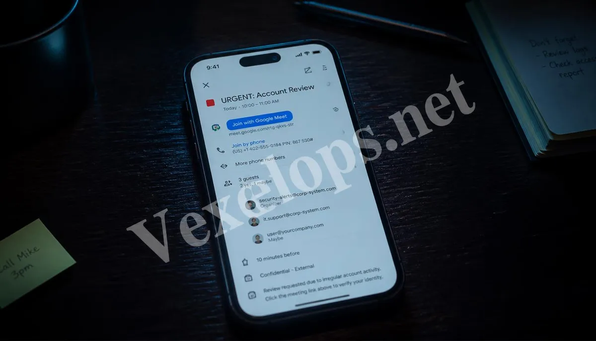 A realistic photo depicts a suspicious meeting invite received on a mobile Google Calendar, branded with the VexelOps logo, revealing the hidden risks of calendar phishing scams.