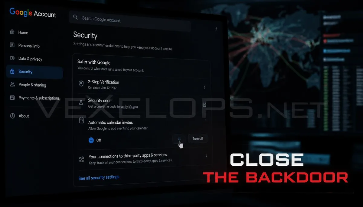 A realistic photo captures a user changing Google account privacy settings on a computer to block calendar scams, branded with the VexelOps logo, delivering positive advice for