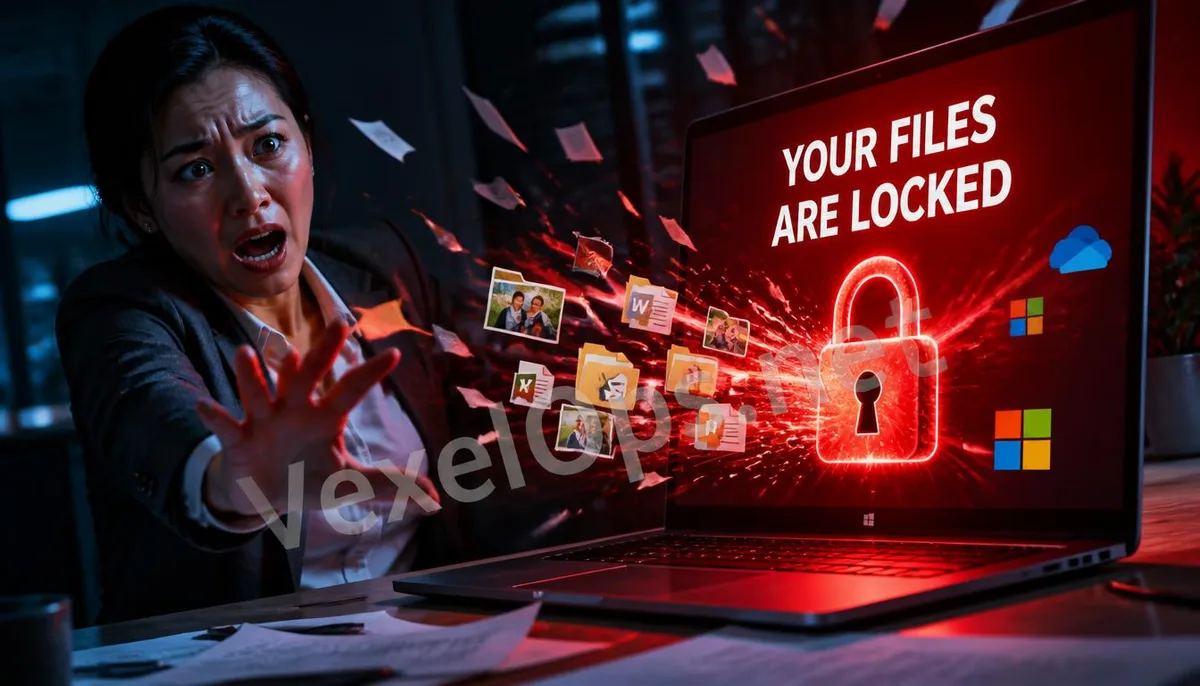 A terrified woman faces a red ransomware warning on her Windows computer, illustrating the crisis of files being encrypted.