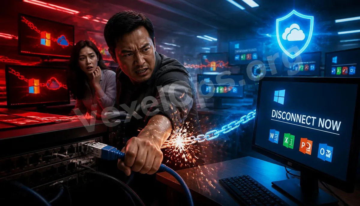 Technician urgently disconnects the network cable to prevent ransomware from spreading among office computers, illustrated by red and blue light effects during the immediate
