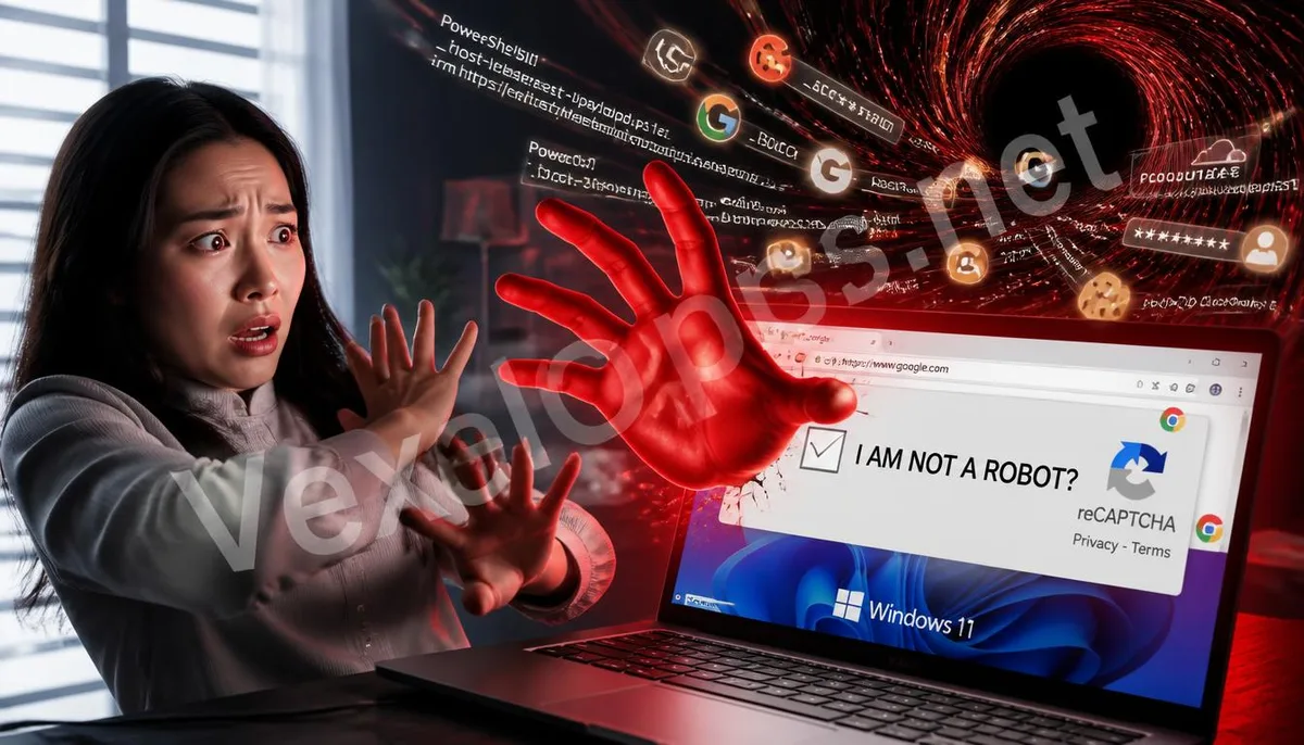 A terrified woman facing a fake 'I am not a robot' verification screen, with malicious commands and account data being sucked into a black vortex, illustrating the ClickFix fake