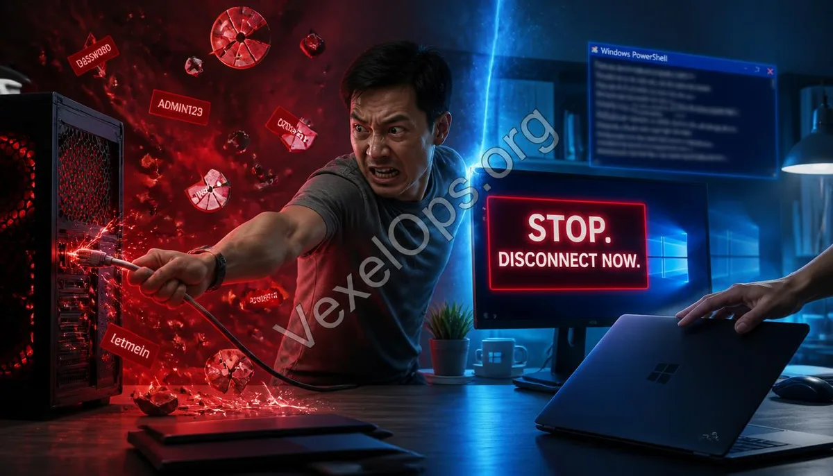 A man urgently unplugs his computer's network cable, showing a stark contrast between the red infected area and the blue safe area, illustrating the ClickFix trojan incident's
