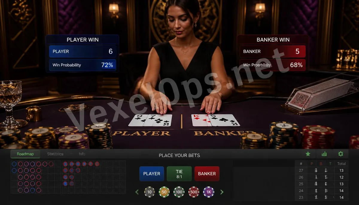 Luxurious baccarat live table with a daringly dressed female dealer revealing cards, as the player's winning result suddenly changes to a banker win.