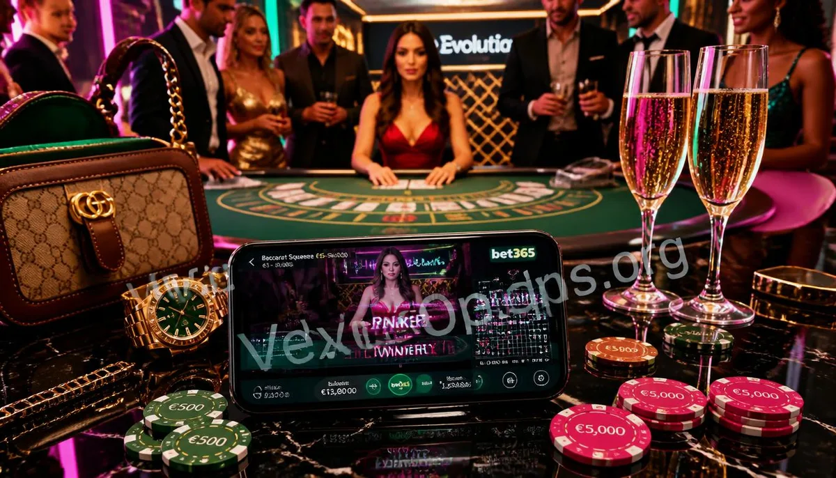 Luxurious gambling VIP room with mobile baccarat draw results changing, featuring a female dealer and boldly dressed adult guests in the background.