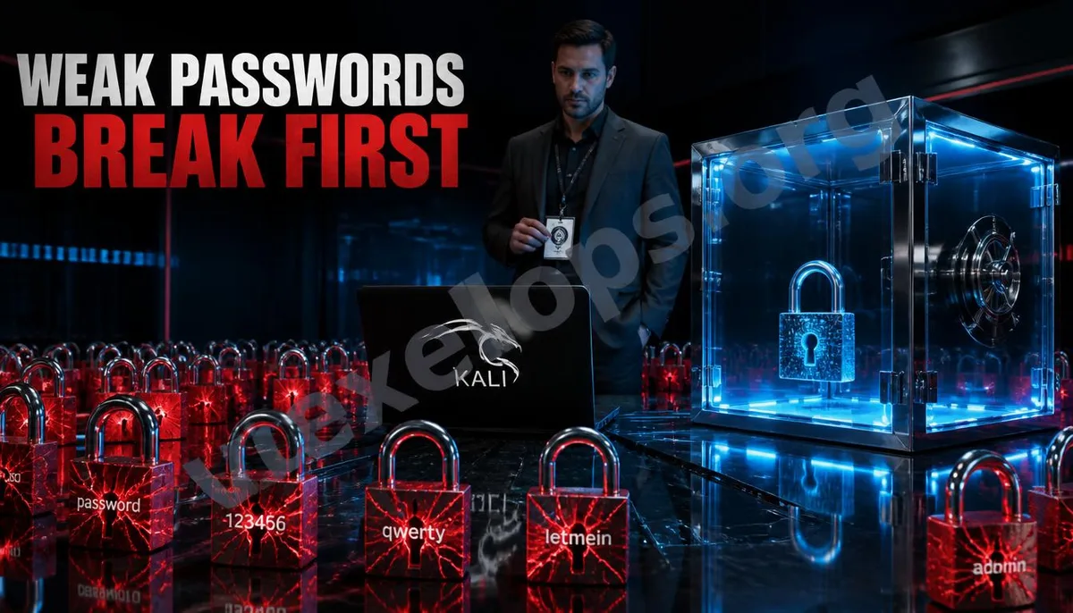Kali Linux 비밀번호 보안 감사 화면에서 일반적인 약한 비밀번호 열쇠가 부서졌고, 긴 비밀번호는 파란색 디지털 안전금고로 보호되고 있습니다.