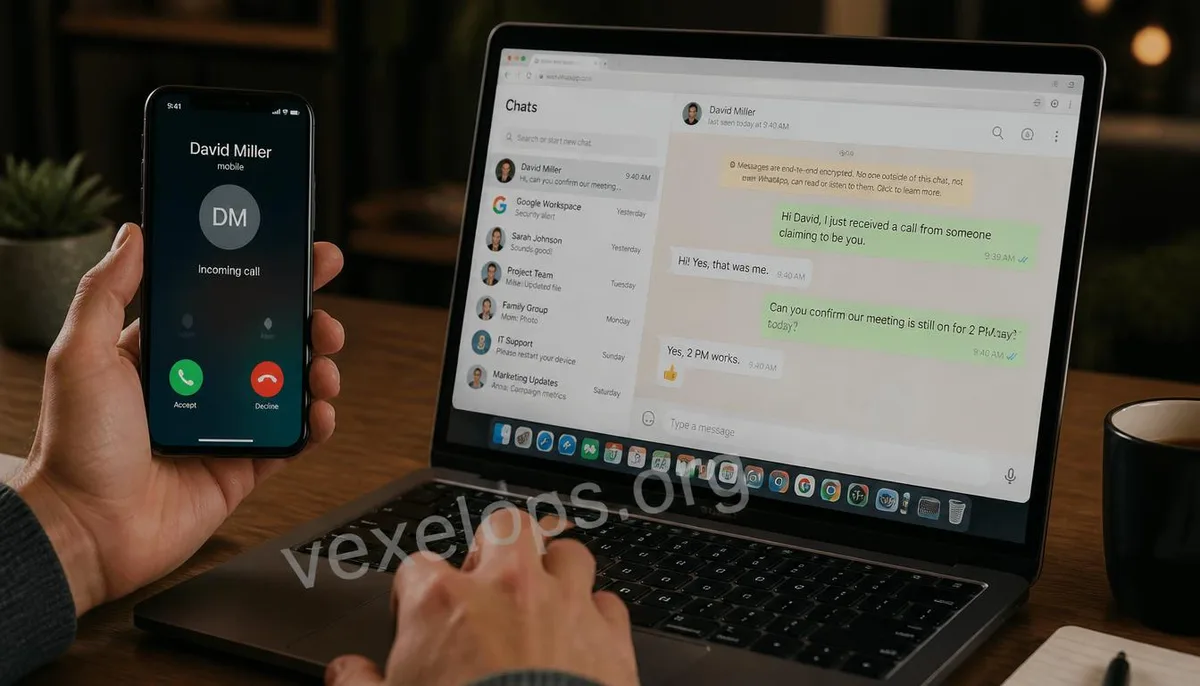 Realistic scene of confirming the true identity behind an AI voice call using another trusted contact channel