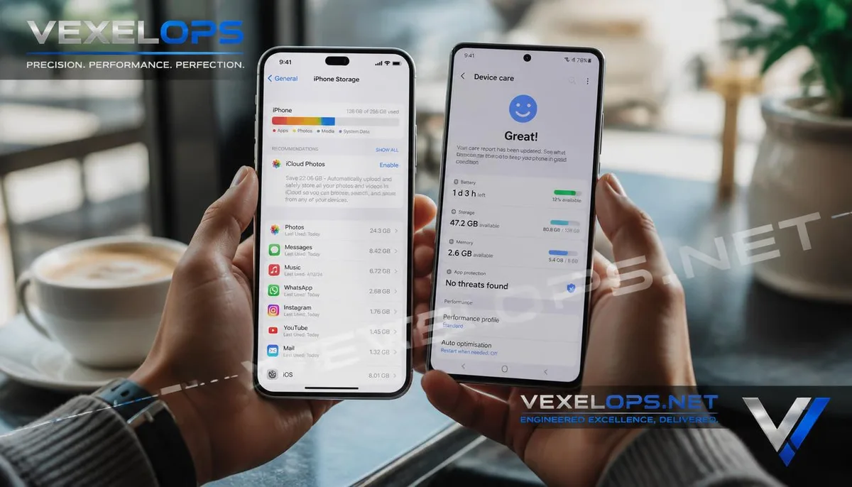A realistic scene of a user checking the storage and performance status of an iPhone and Android phone