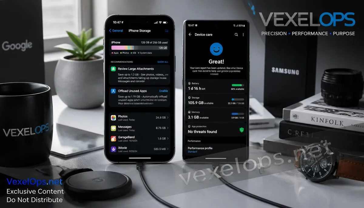 A realistic scene of a user checking phone storage space, background apps, and battery health status