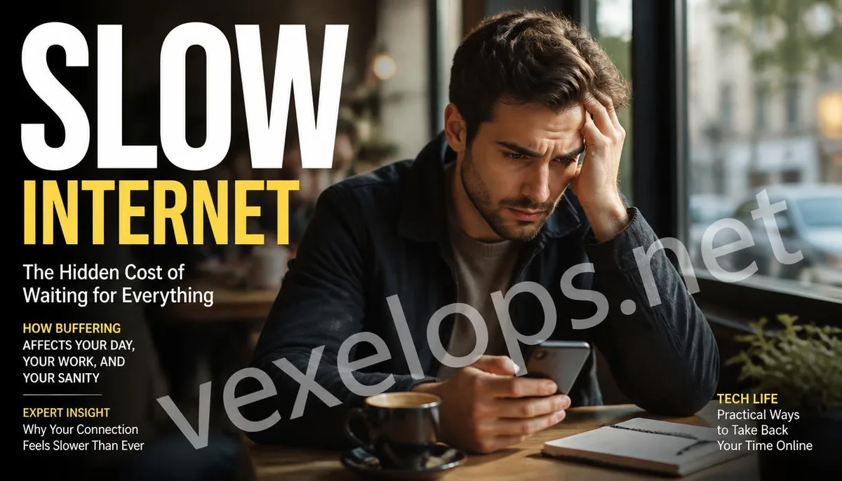 A daily life scene of using a smartphone in a city cafe but encountering slow internet.