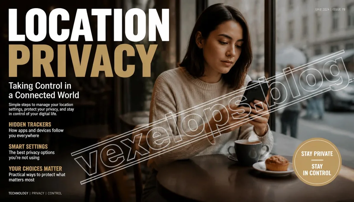 User checking mobile location permissions in a city café setting