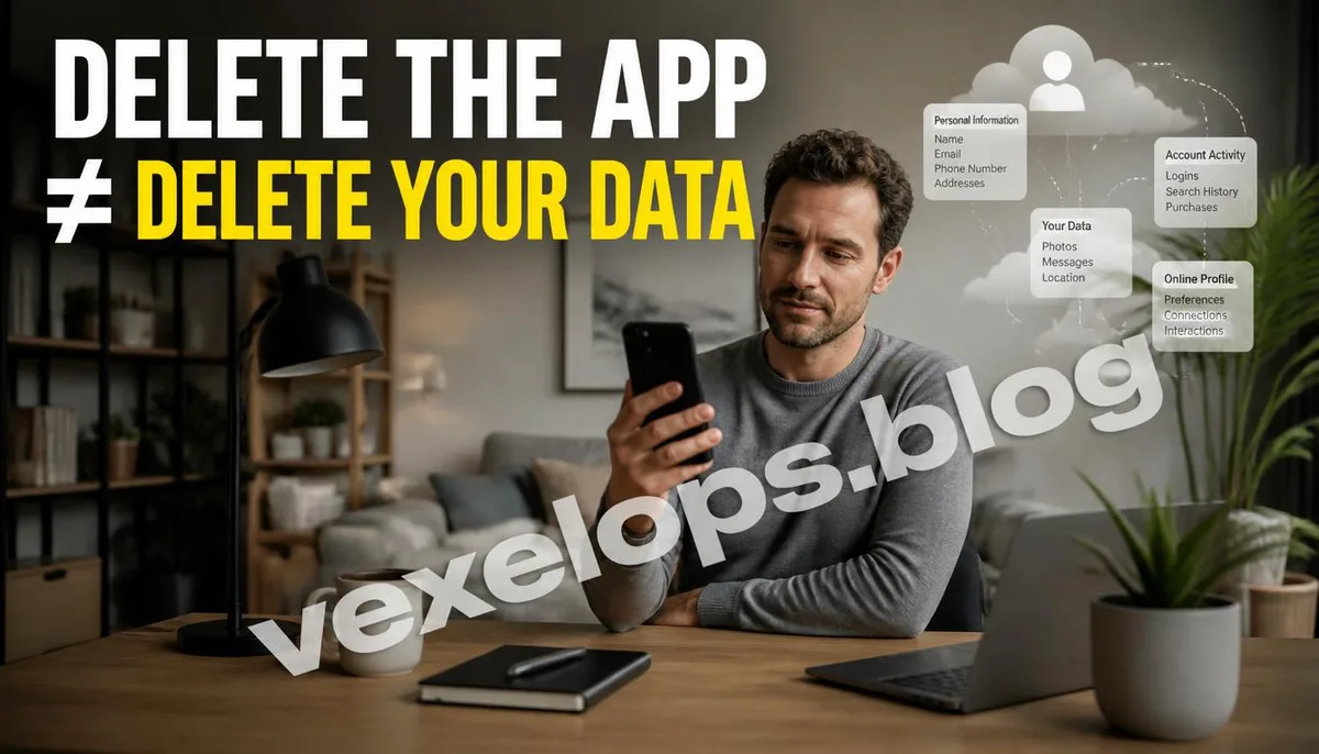 A daily life scene where a user checks accounts and cloud data after deleting a mobile app