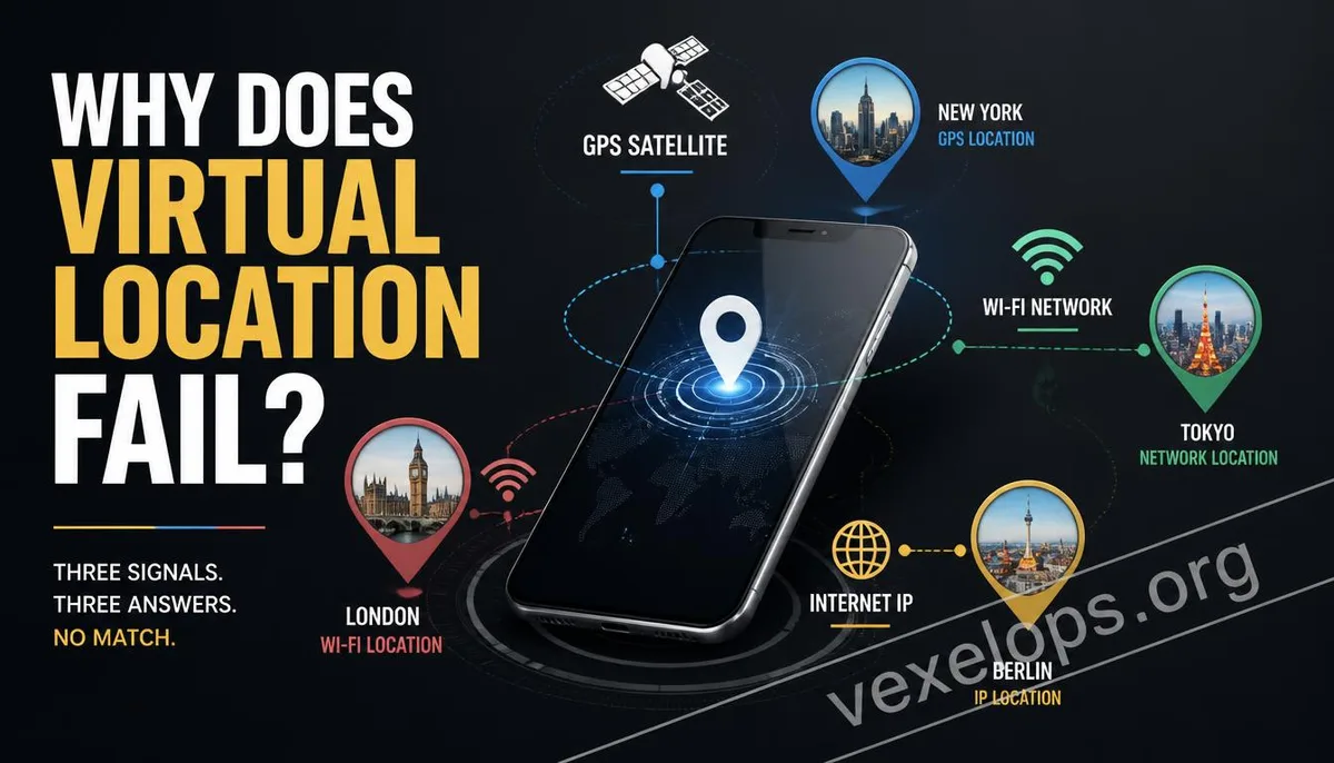 GPS, Wi-Fi 및 IP가 생성하는 다양한 위치 결과를 설명하는 가상 위치 개념