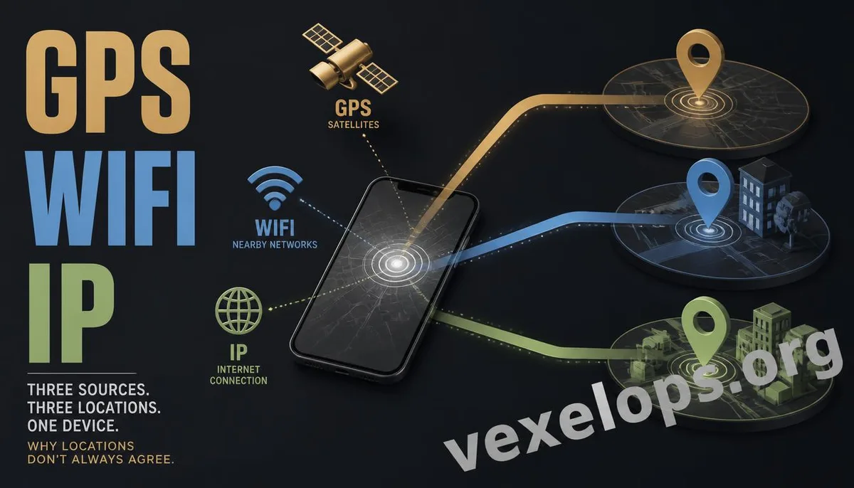 GPS, Wi-Fi 및 IP 세 가지 위치 정보 출처가 생성하는 다양한 결과 개념