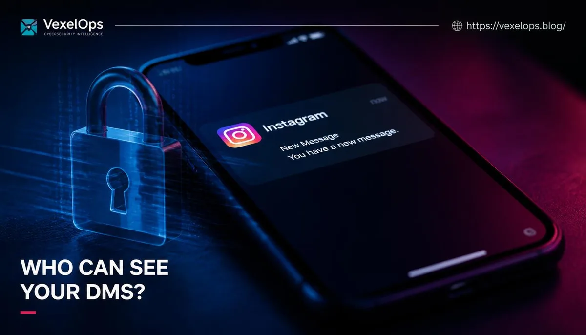 暗い背景に浮かぶInstagramの私信通知とロックされたデジタルアカウントが、ソーシャルメディアのプライバシーリスクと未知の情報源を示しています。