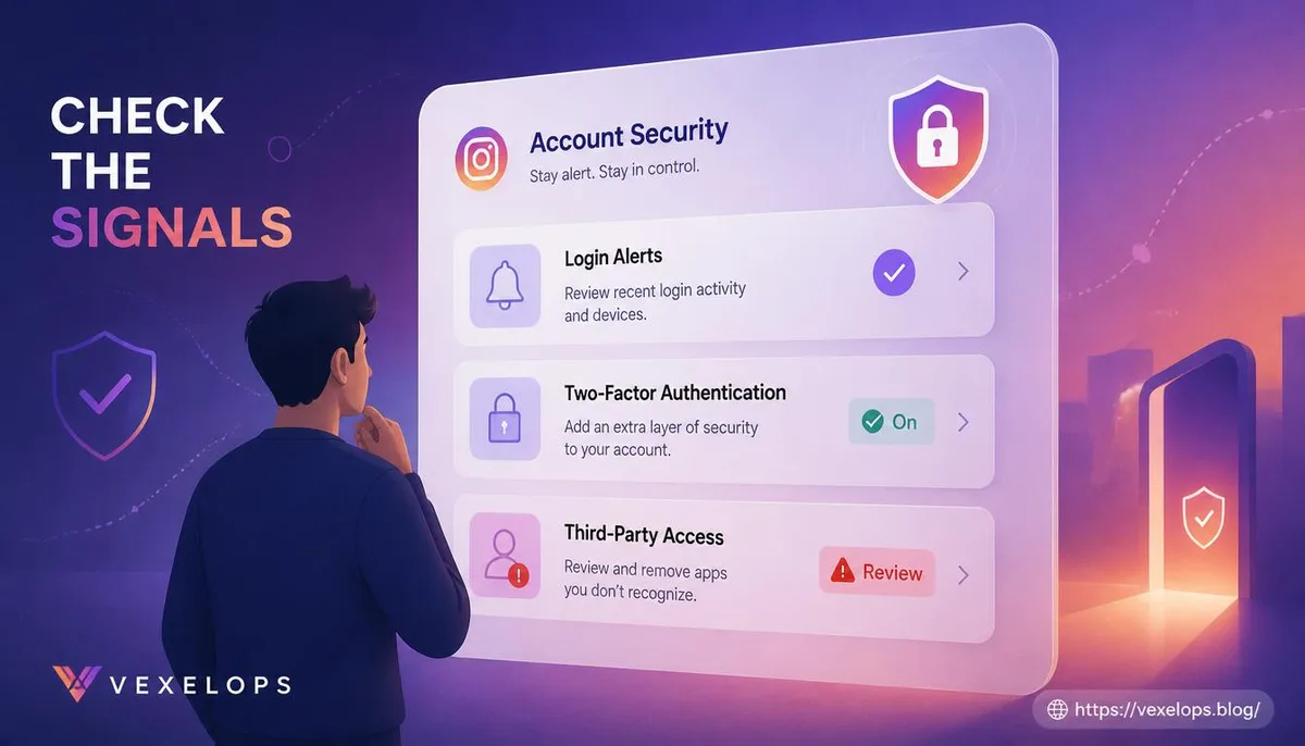 普通のユーザーがInstagramのアカウントの安全設定をチェックし、画面にログイン通知、二段階認証、疑わしい第三者の承認の抽象的なインターフェースが表示されている。