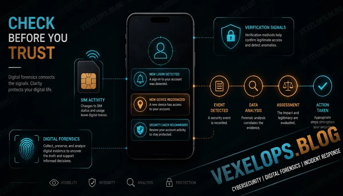 A digital forensics style image showcasing a phone, SIM card, login notifications, and a timeline of account security, illustrating possible correlations of verification code