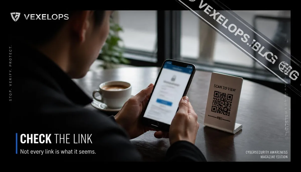 A user in a café scans a QR code on the table with their phone, showing a suspicious login page that presents the risk of a fake website.