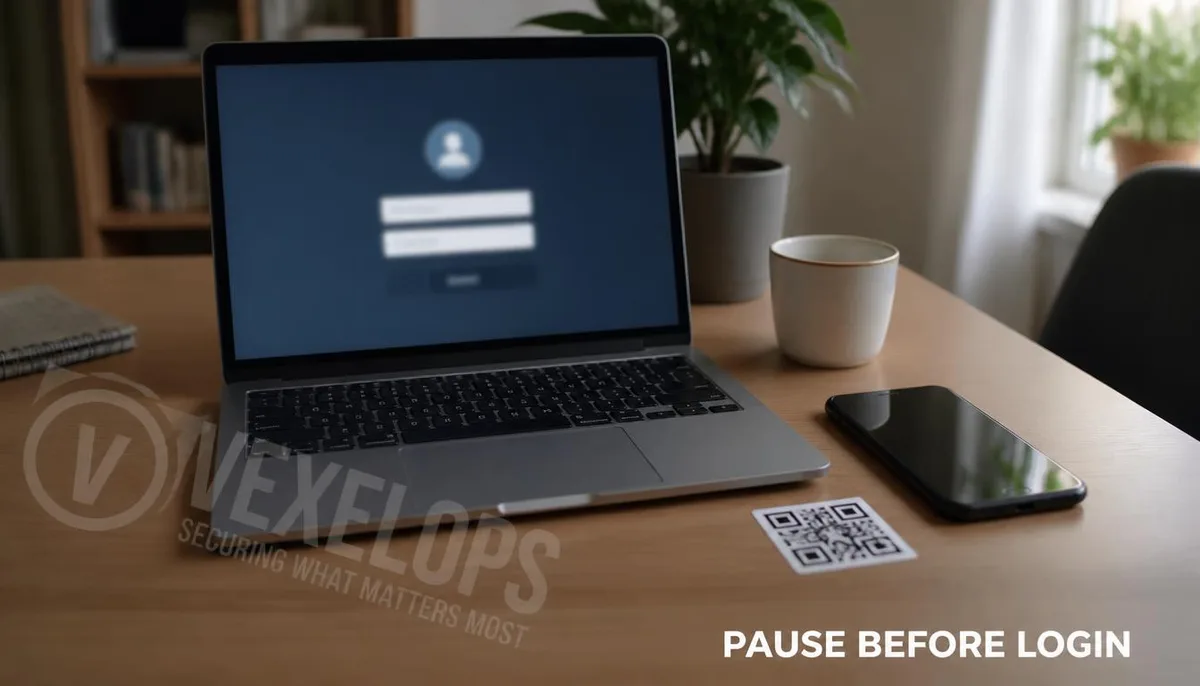 A computer screen shows a counterfeit brand login page, adjacent to a phone and a QR code sticker, illustrating a real-world phishing link scenario.