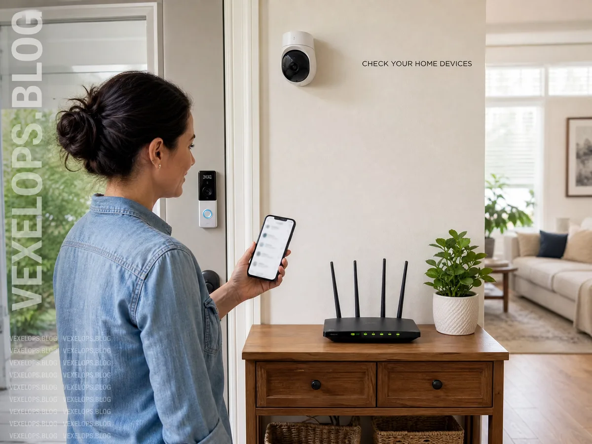 가족 구성원이 낮 동안 스마트 초인종, 카메라 및 가정 Wi-Fi 장치 목록을 점검하고 있는 장면을 보여주는 일반적인 가정 보안 점검 상황.