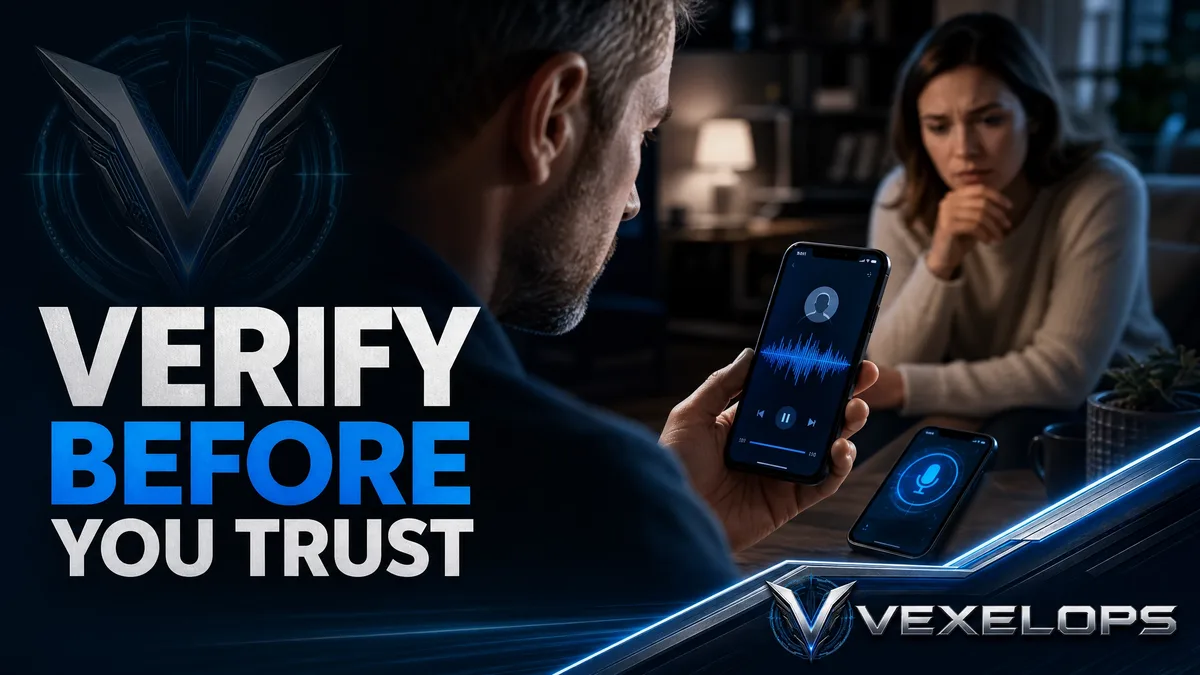 Family members checking voice messages on their phone, with another phone on the table, illustrating the scenario of verifying identity through a second channel, featuring the