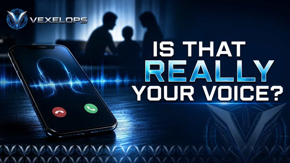 A nighttime phone receiving an unknown call, with blurred family figures and sound waveforms, illustrating the risks of AI deepfake voice and impersonating loved ones, featuring