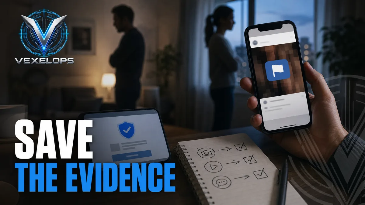 Un utilisateur examine un post sur un réseau social masqué et la page de plainte, avec en arrière-plan des silhouettes floues d'adultes, représentant la situation de conservation