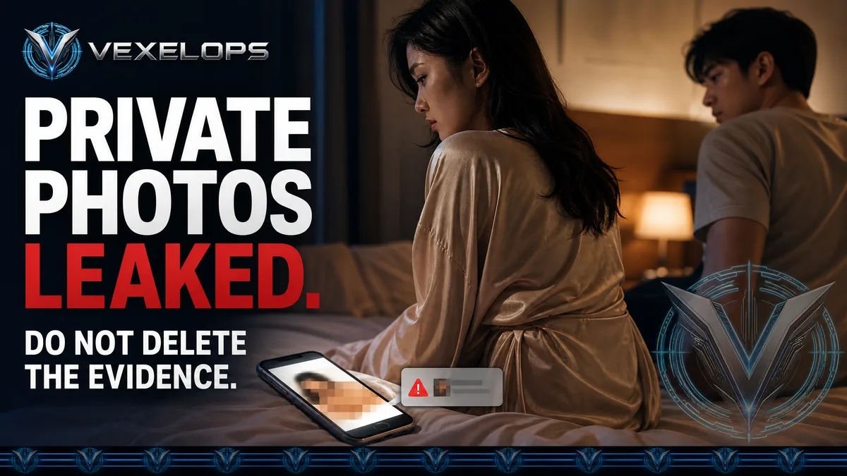 Adultes dans une chambre réaliste avec un téléphone, situation de crise après que des images privées ont été partagées sans consentement, avec un filigrane VEXELOPS.