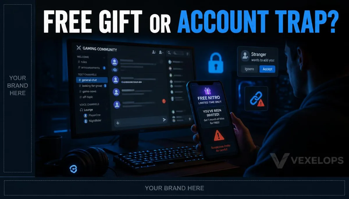 Discord style game community featuring free Nitro invitations and suspicious links.