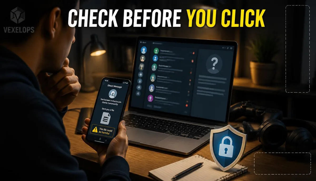 User checking Discord messages, unfamiliar files, and account security settings.