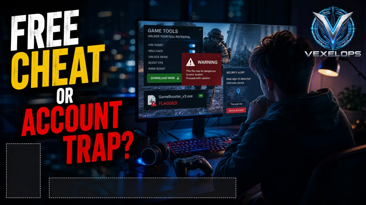 Free game cheats download page and account security warning.