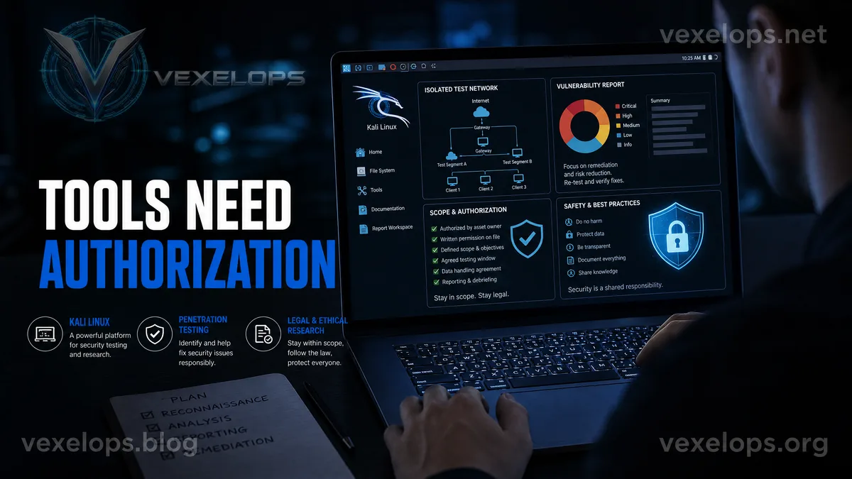 Kali Linux isolated testing environment and authorized security assessment screen.