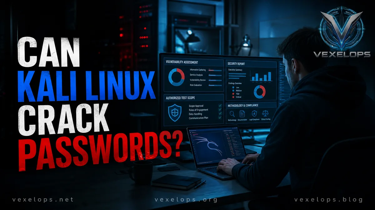 Kali Linux penetration testing platform and password security report.