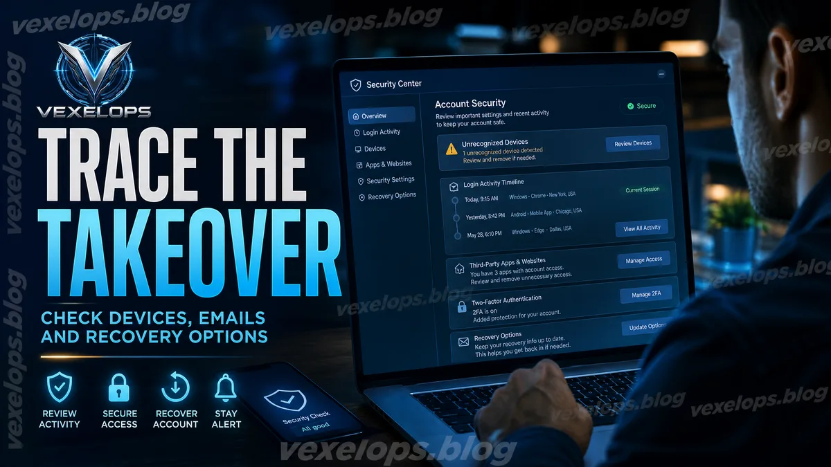 Account security center showing unfamiliar devices and login activity timelines.