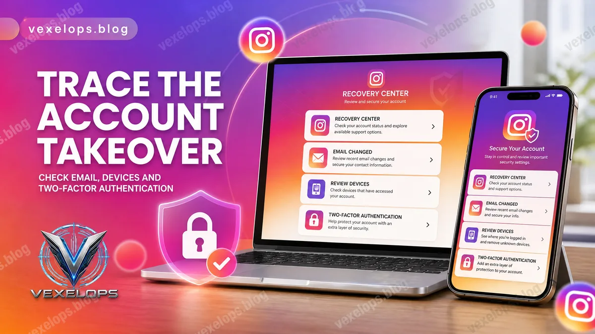 Instagram account recovery center showing email and device security checks.