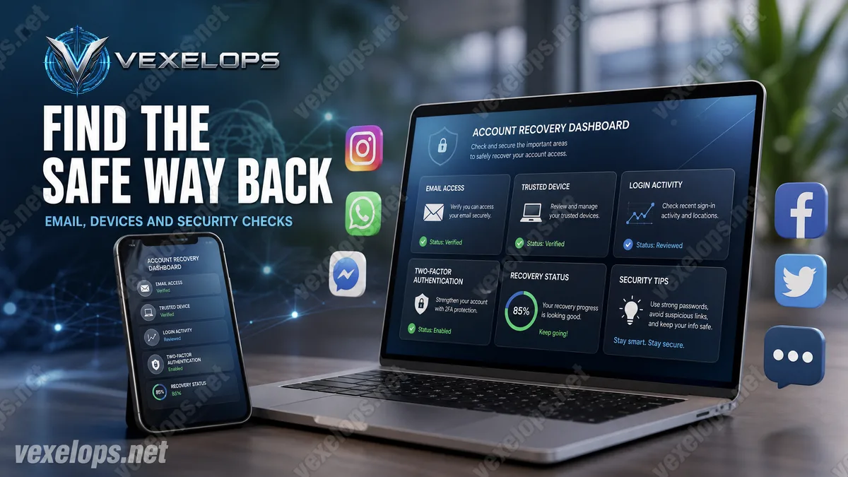 Security center for multiple social accounts displaying checks for emails, devices, and login activity.