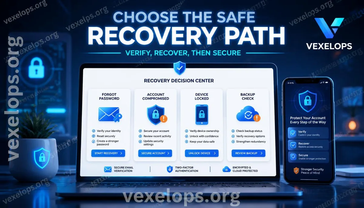 Account recovery decision center displaying password, device, and backup checks.